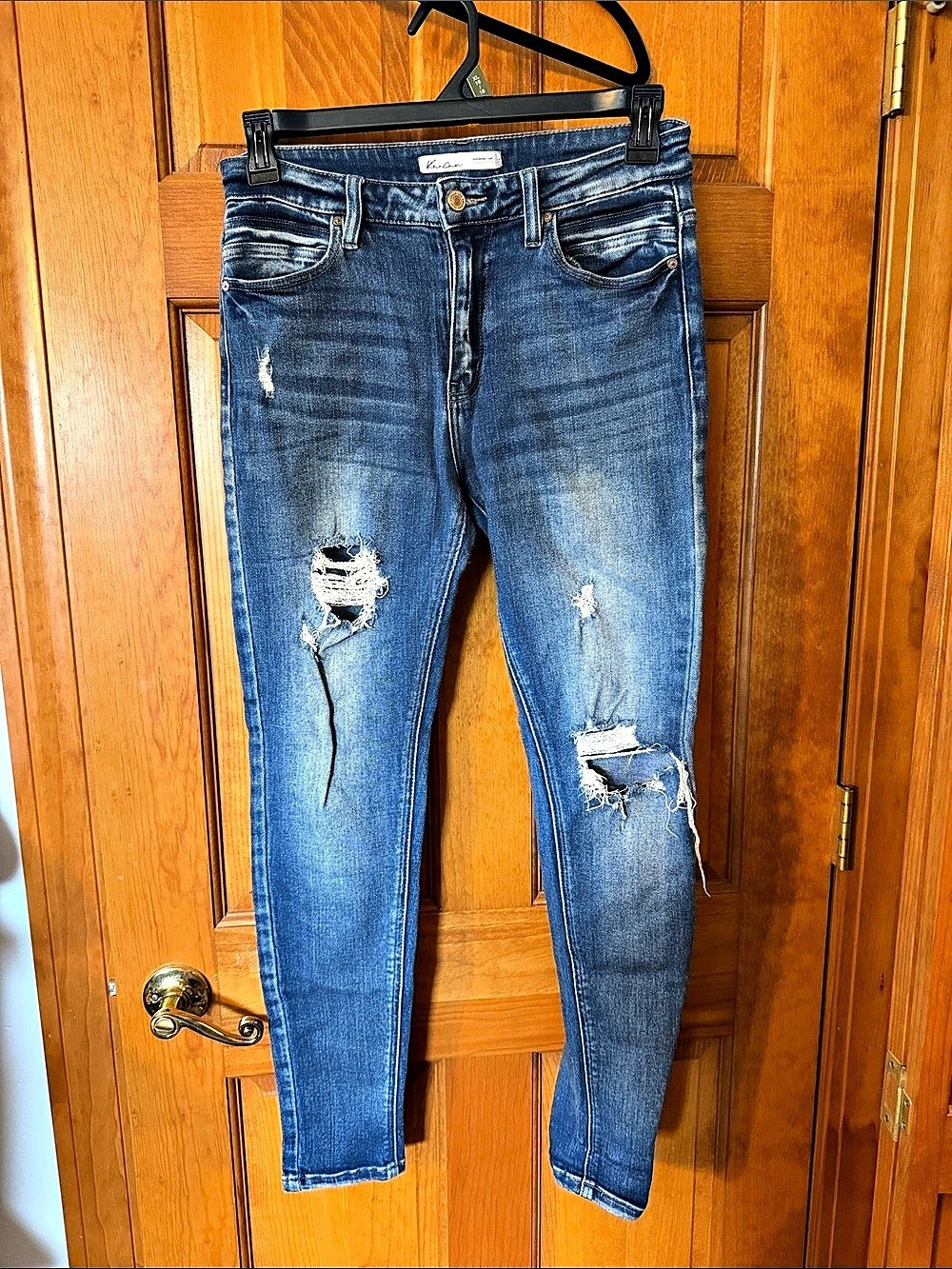 KanCan Mid Rise Distressed Skinny Jeans Blue Waist 28